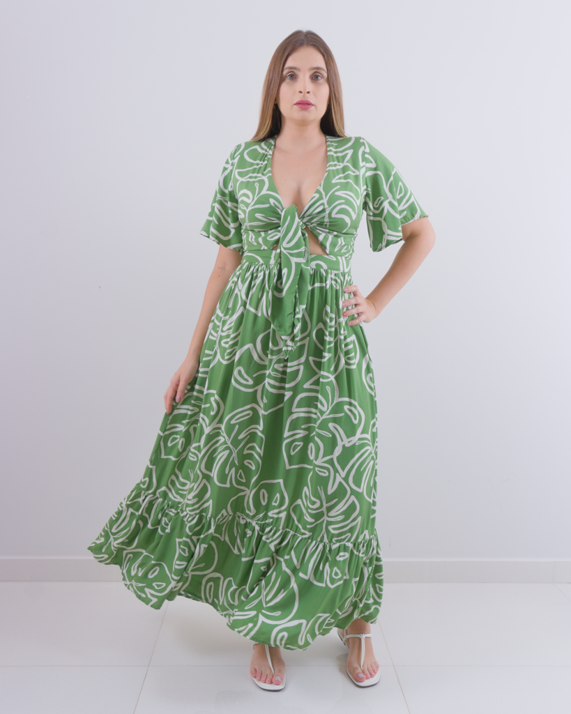 vestido longo folhagem