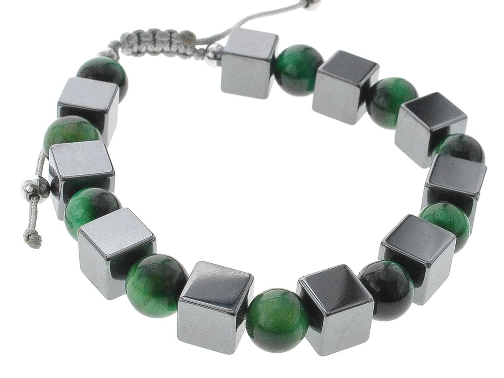 Pulsera Con Cordon Regulable Piedra Hematite Y Ojo De Tigre Verde D K 600pi 72