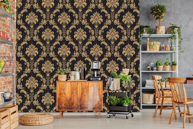 Papel De Parede Arabesco Preto/Dourado Rolo 10 Mts Papel De Parede Arabesco Preto/Dourado Rolo 10 Mts